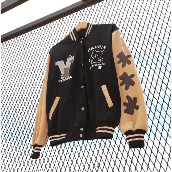 Happy Vencede Jacket Baseball Varsity V HAPPY BEAR Pria Wanita Korean Style