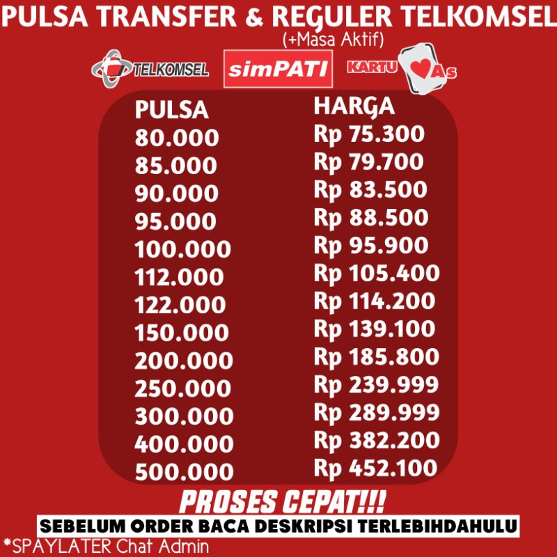 PULSA TRANSFER TELKOMSEL MURAH 80,85,90,95,100,112,122,150,200,250,300,400,500 PULSA REGULER TELKOMS