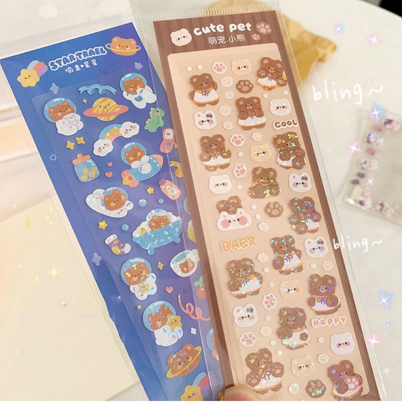 [Harga Grosir] 1lembar Kartun Lucu Laser Beruang Kelinci Stiker Kawaii Mengkilap Tahan Air Hias Decals Untuk DIY Scrapbooking Foto Jurnal Perlengkapan Alat Tulis Sekolah