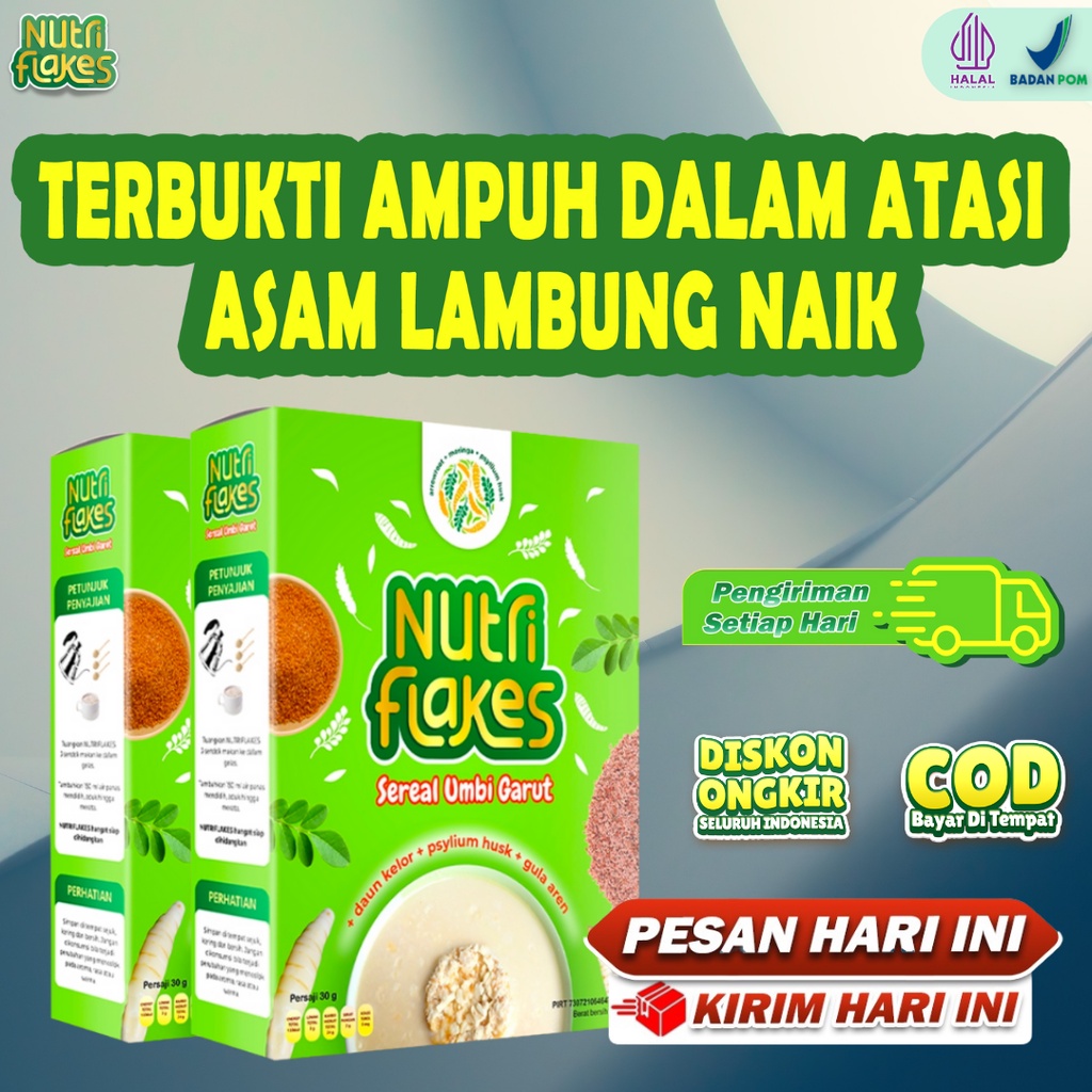 

NUTRIFLAKES sereal khusus asam lambung, mengandung umbi garut, daun kelor dan psyllium husk, 100% halal, BPOM, bisa COD