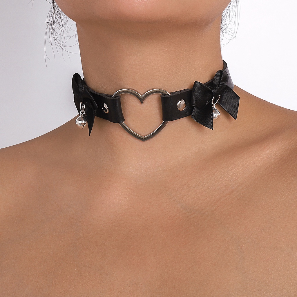 Harajuku Geometris Jantung Pu Leather Choker Untuk Wanita Double Ikatan Simpul Lonceng Kepribadian Kalung Perhiasan Hadiah Pesta