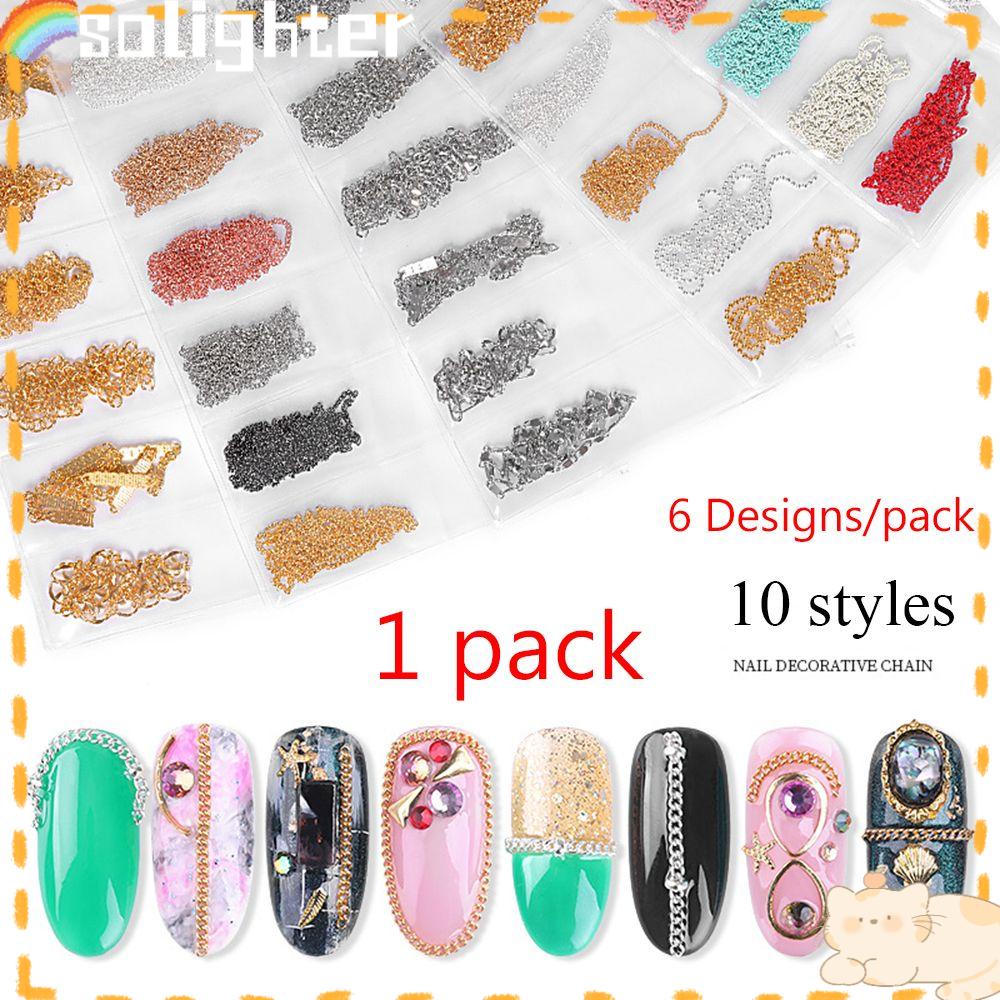 Solighter 6desain/pak Nail Art Rantai Logam Penjualan Panas 3D Pesona DIY Manicure