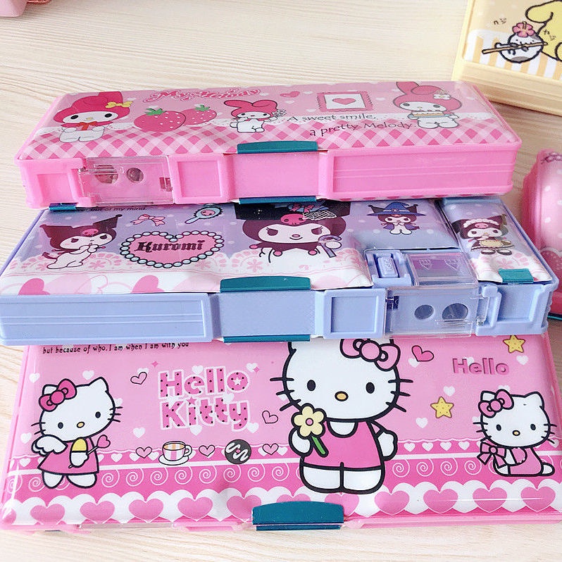 Sanrios Kuromi My Melody Hello Kitty Cinnamoroll Anime Multifungsi Dua Sisi Kotak Alat Tulis Pensil Anak Stationery