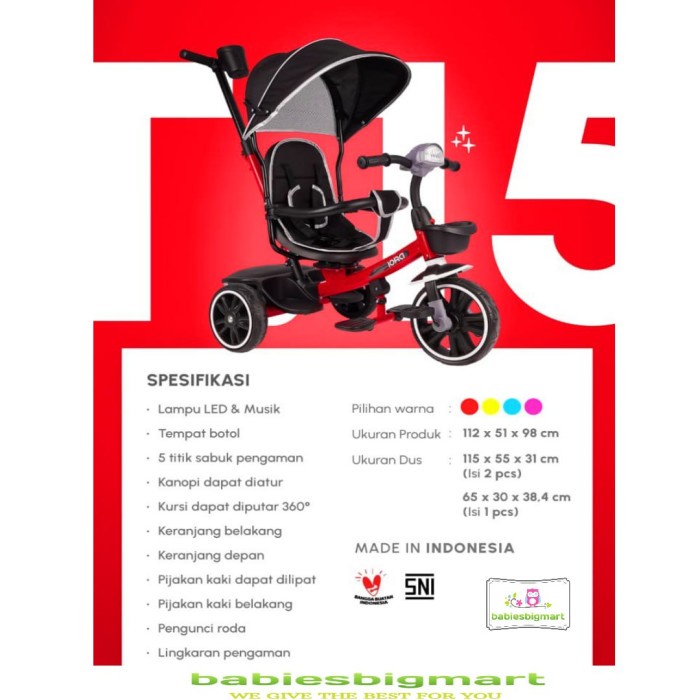 Sepeda Anak Roda Tiga Stroller PMB Iora T 15 Tricycle T15 Sabuk 2Arah