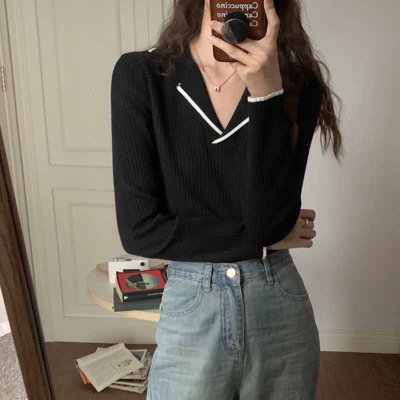 Rajut Crop Top Long Sleeve Baju Berkerah Wanita Outfit Korea