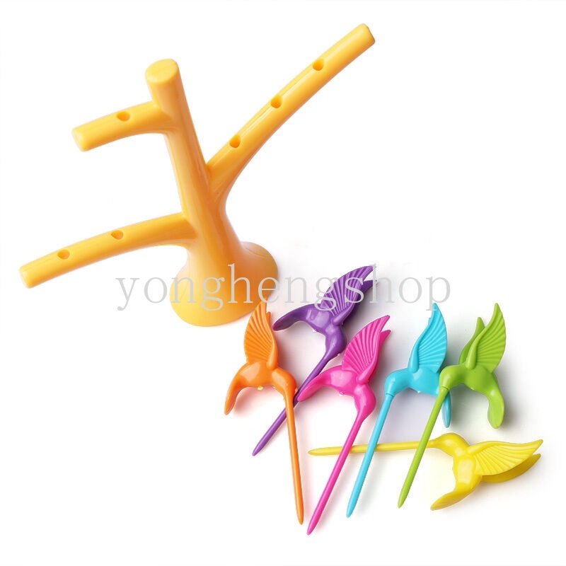 Set Garpu Buah / Sayuran / Snack / Dessert Bentuk Pohon + Burung Bahan Plastik Warna Acak