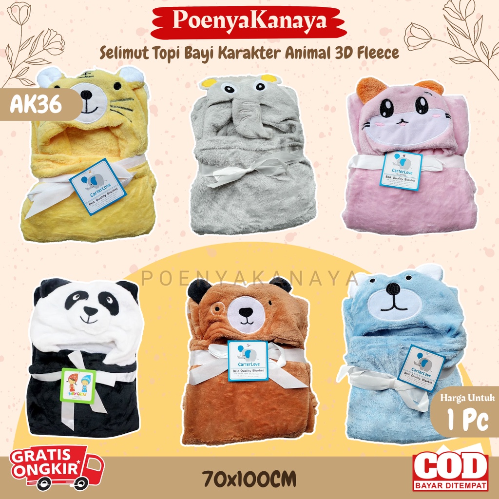 Selimut Topi Bayi Karakter Animal 3D Fleece Carter Love AK36