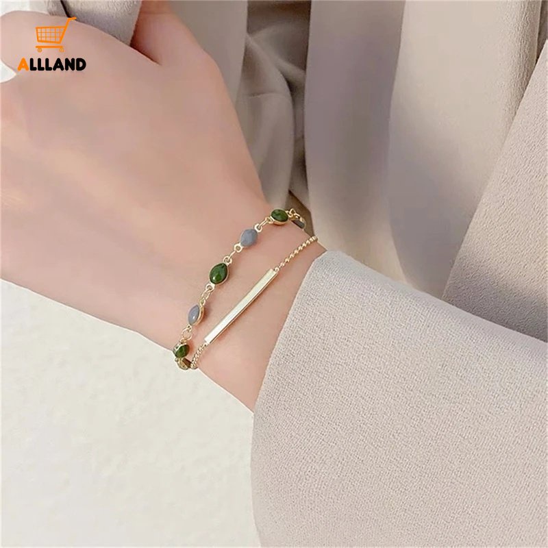 French Vintage Oval Manik-Manik Hijau Pesona Gelang/Wanita Fashion Double Layer Warna Emas Logam Link Gelang