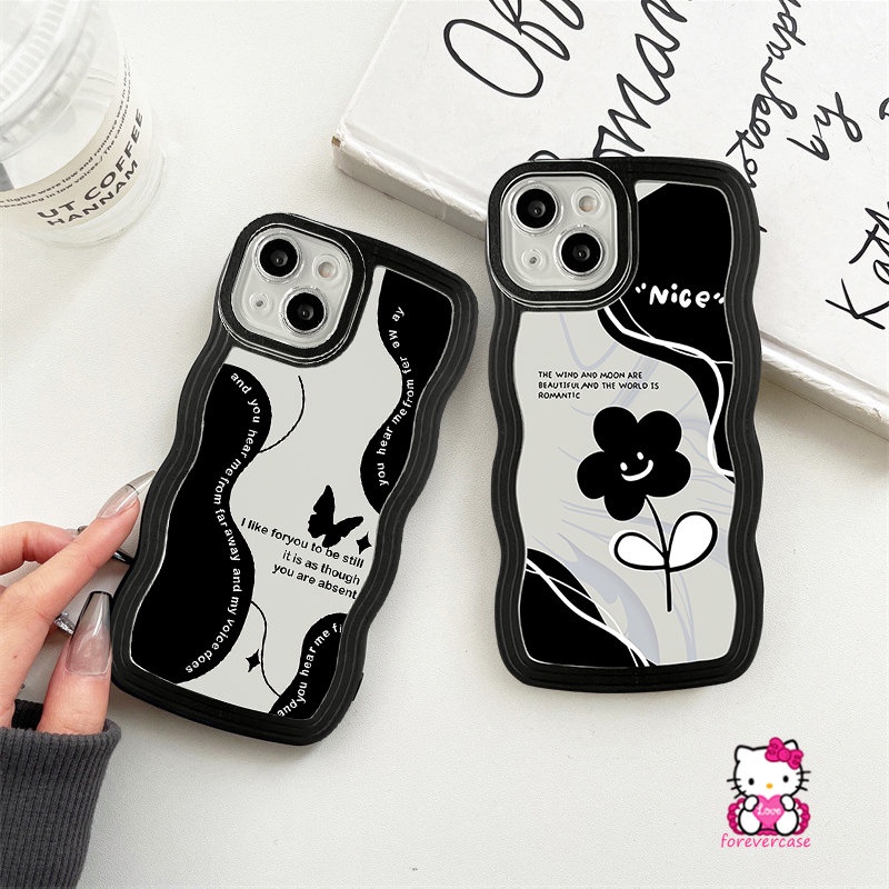Oppo A15 A57 A5s A52 A17 A96 A74 A77 A7 A12 A95 A16s A9 A55 A54 A76 A16 A1k A53 A16K A77s A3s A17K A5 Reno 8 7 8Z 6retro Black Flower Vintage Kupu Wavy Edge Soft Tpu Sarung