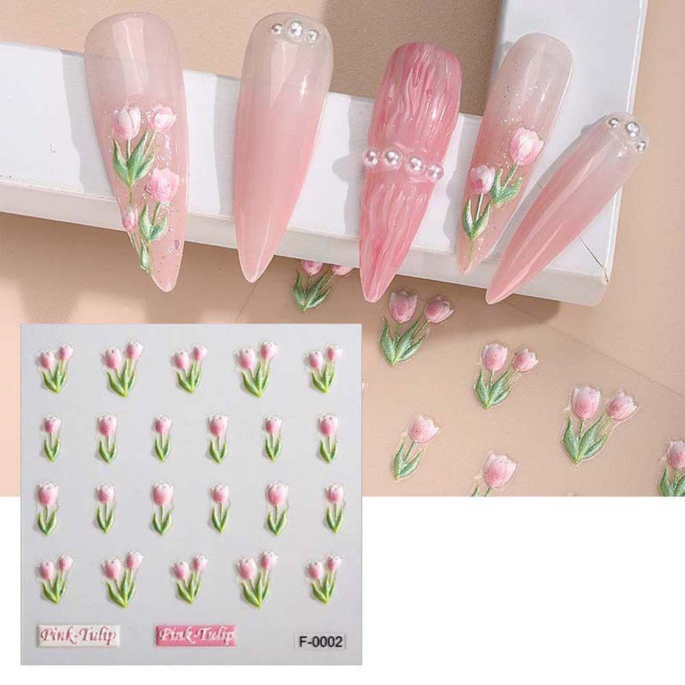MXBEAUTY Bunga Stiker Kuku Fashion Ins Gaya Cherry 3D Relief Tulip Perekat Diri Stiker Kuku Kupu-Kupu