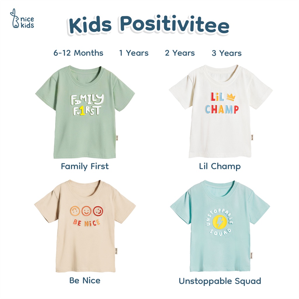 Nice Kids x Kezia GC - Kids Positivitee  T-Shirt Emboss Kaos Anak (6-12 Bulan - 3 Tahun)