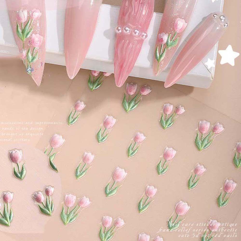 MXBEAUTY Bunga Stiker Kuku Fashion Ins Gaya Cherry 3D Relief Tulip Perekat Diri Stiker Kuku Kupu-Kupu