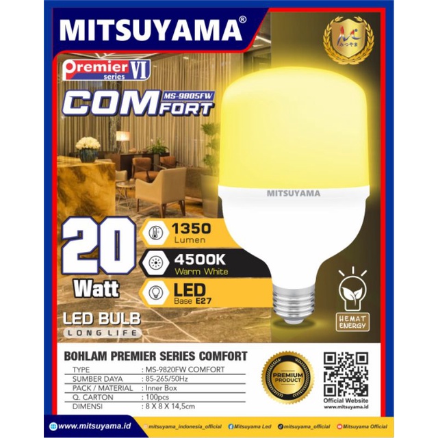 Bohlam Lampu LED 20 Watt MITSUYAMA Premier VI COMFORT Cahaya Kuning
