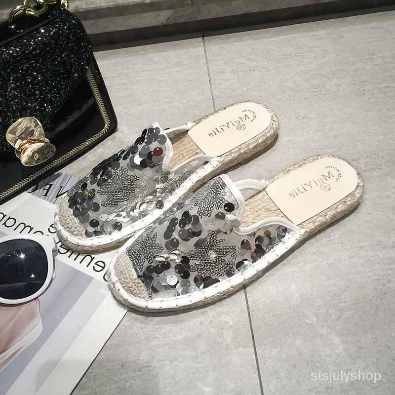 #Sisjuly# Sandal wanita baru bawah datar wanita retro paket kepala setengah sandal fashion payet sep