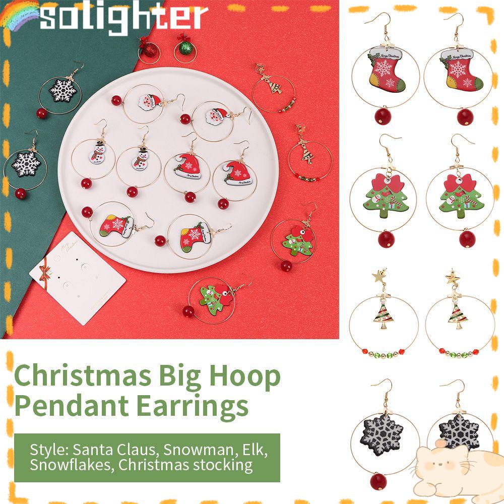 Solighter 1pasang Natal Hoop Besar Liontin Anting Kreatif Fashion Perhiasan Multicolor Aksesoris Telinga Menjuntai Anting-Anting