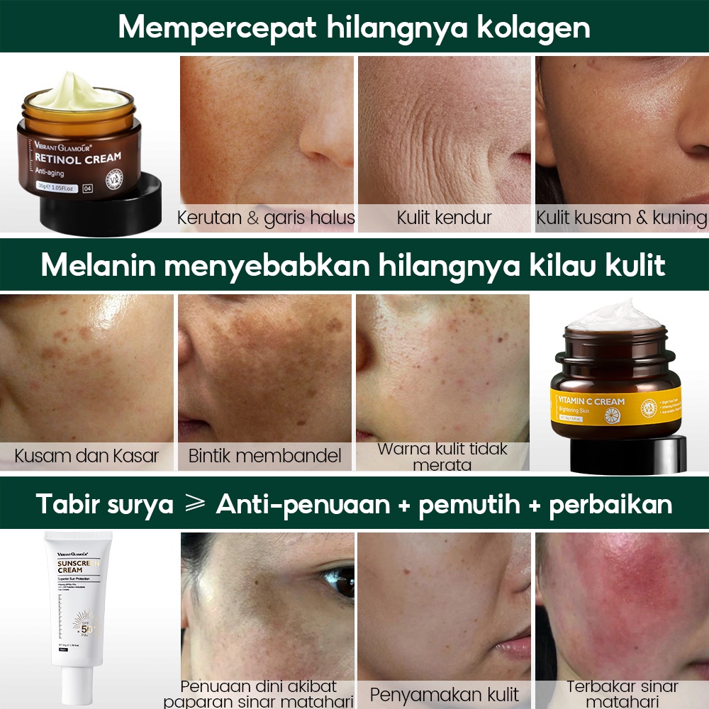 VIBRANT GLAMOUR Retinol &amp; Vitamin C Untuk Wajah Anti Penuaan Pelembab Krim Memutihkan dan Mencerahkan Sunscreen Cream Wajah Kulit Wajah Jerawat Retinol Krim Perawatan Kulit - 30gr ori