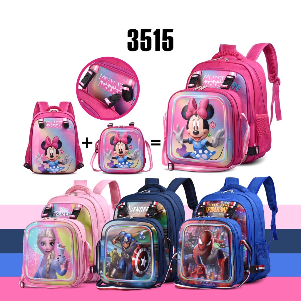 (RF) Tas Sekolah Cartoon 3515 Tas Selempang Dan Ransel Anak Set 2 Ransel Motif Berkarakter Avengers,Frozen,Minnie Mouse,Spiderman