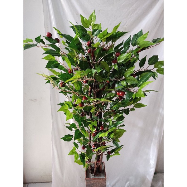 PROMO POHON HIAS BUAH CHERRY MERAH 150CM ARTIFICIAL/DAUN CHERRY MERAH/JERUK/APEL PLASTIK