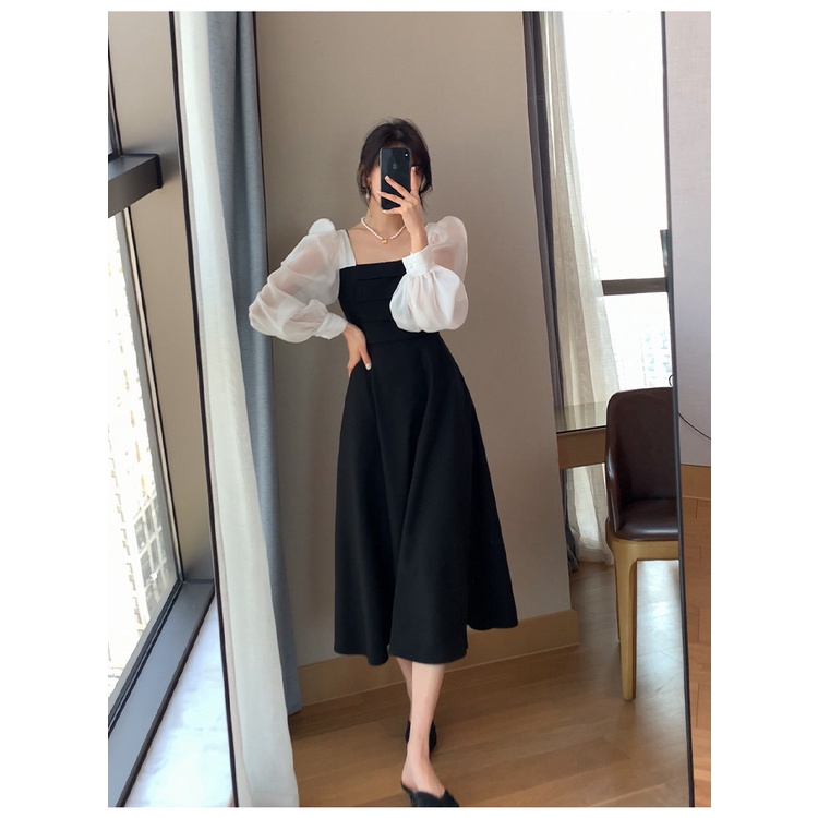 XIAOZHAINV Dress Wanita Korean Style Lengan Panjang Hitam 00650
