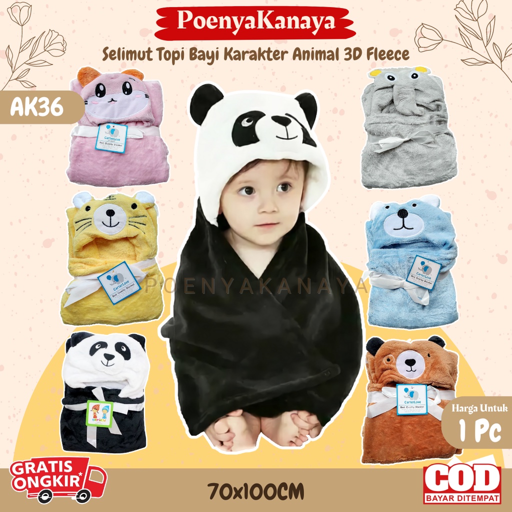 Selimut Topi Bayi Karakter Animal 3D Fleece Carter Love AK36