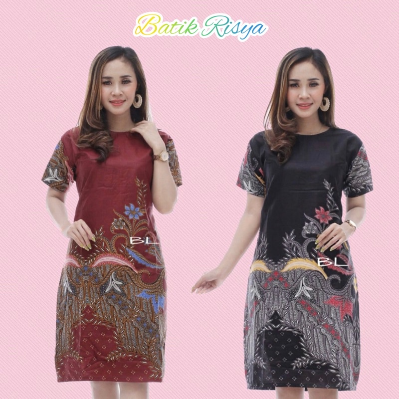 BAJU SIZE JUMBO DRESS BATIK WANITA JUMBO XXXXL / 4L LENGAN PENDEK MOTIF MAHKOTAI MERAH HITAM
