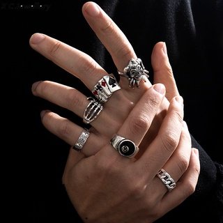 [X C Perhiasan] Fashion Hip Hop 6-Piece Ring Buckle Desain Ukuran Geometris Bahan Logam Perak Vintage Hadiah Ulang Tahun Untuk Pria Dan Wanita