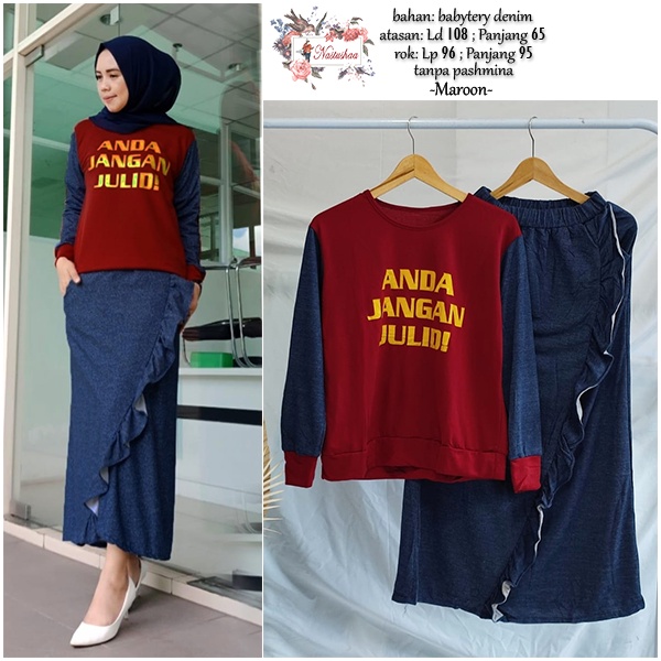 Setelan Wanita Rok + Kaos Motif Sablon Anda Jangan Julid One Set Bahan Babyterry Denim Panjang Wanita Muslimah Kekinian