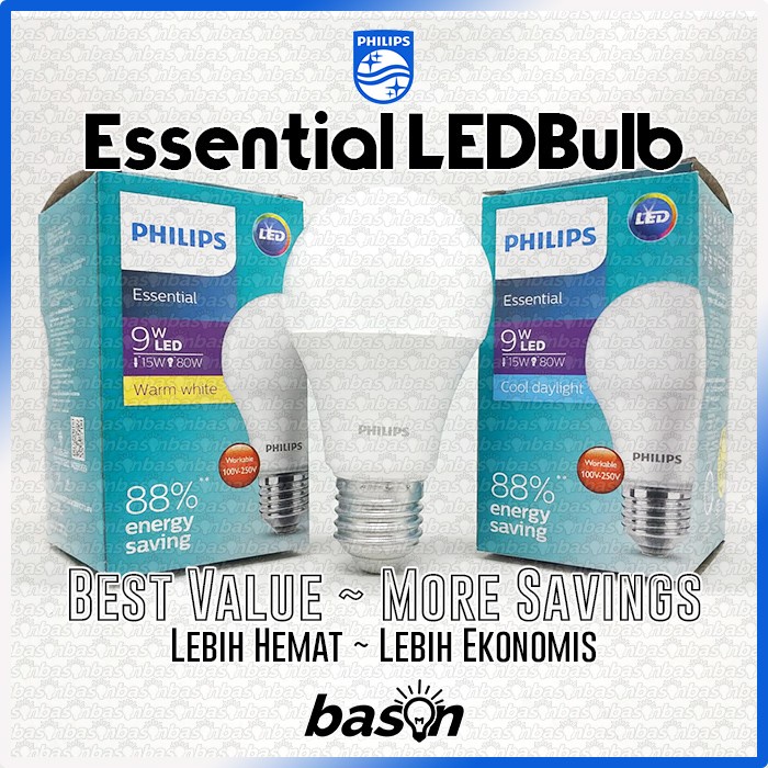 PHILIPS Essential LEDBulb 9W E27 A60 - Bohlam Lampu LED Bulb Ekonomis