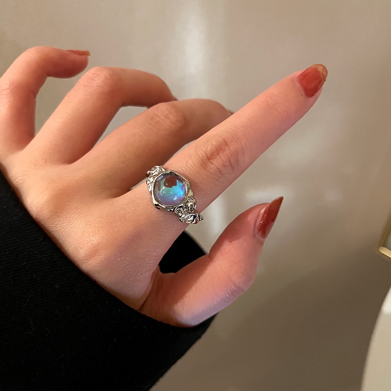 Cincin Terbuka Batu Moonlight Aksesoris Kepribadian Fashion Retro