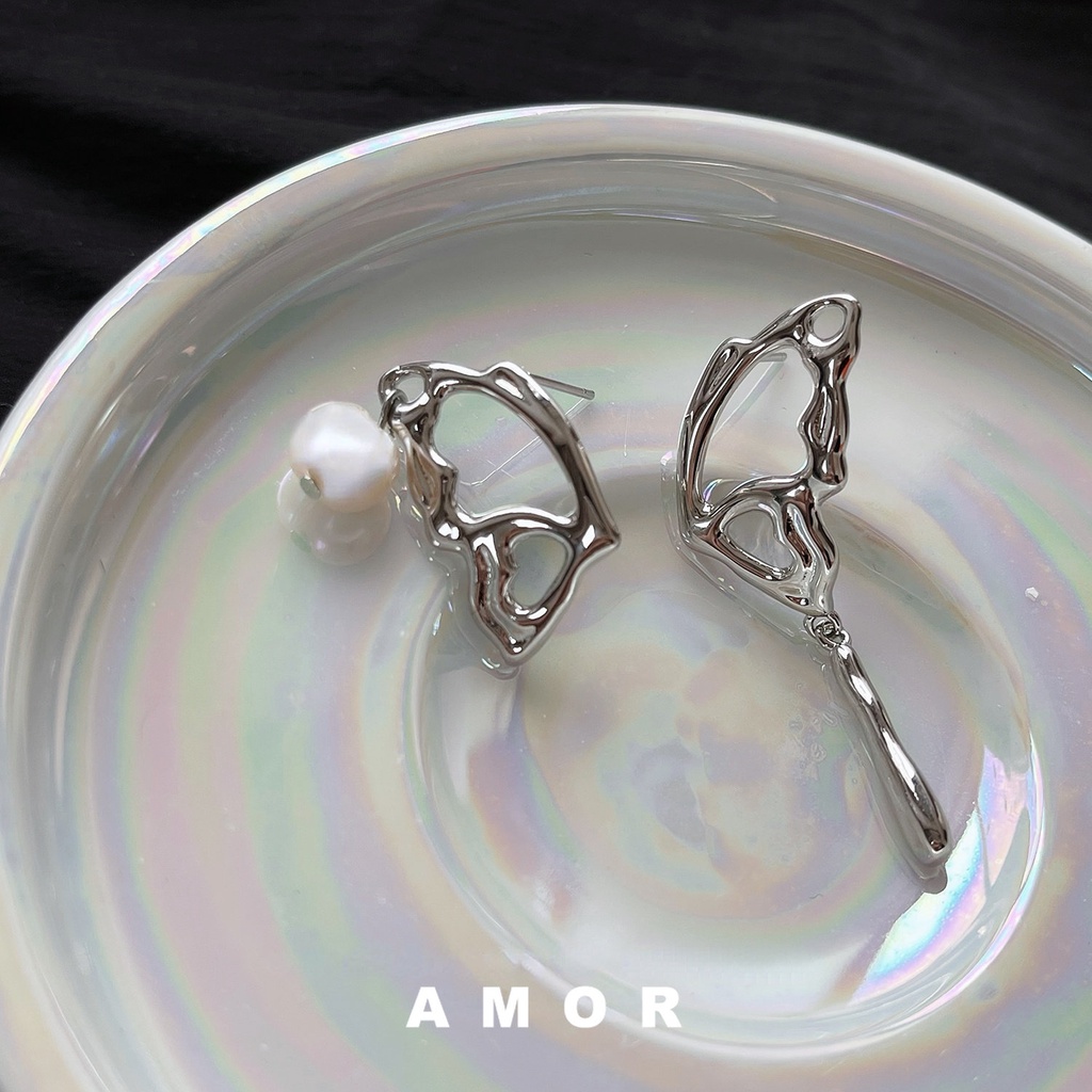 Anting Mutiara Kupu-Kupu Gaya Perancis Desain Ceruk Gadis Lembut Perempuan ins Asimetri