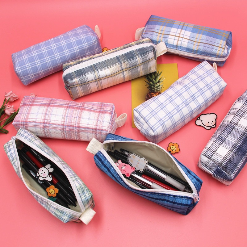 Pencil Case Kotak Pensil Sekolah Motif Plaid Warna Cakep Simple Perempuan Trendy