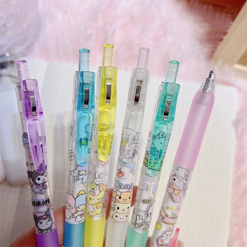 [Warna Random] Kartun Lucu Sanrio Press Gel Pen Kawaii Cinnamoroll Kuromi Melody 0.5mm Hitam Roller Ball Pen Siswa Pena Menulis Perlengkapan Kantor Sekolah