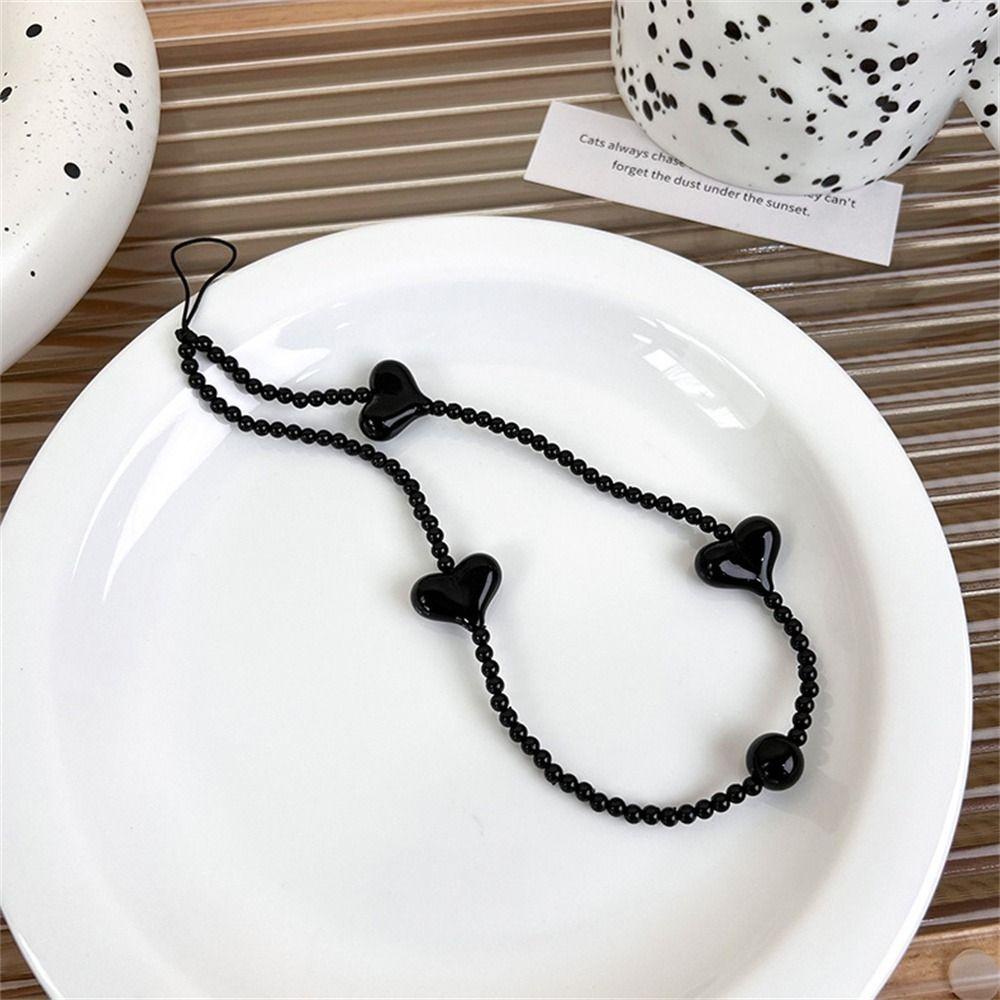 Agustinina Rantai Ponsel Perhiasan Hadiah Hitam Anti Hilang Lanyard Mutiara Manik-Manik Kupu-Kupu Wanita Gadis Ponsel Lanyard