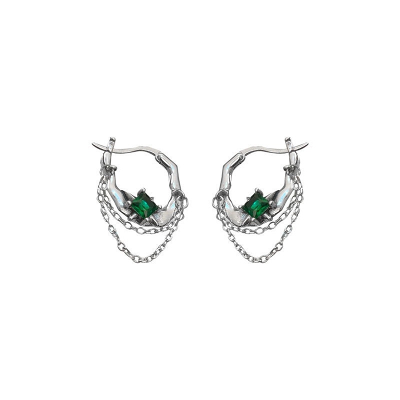 Emerald Zirconia Rantai Rumbai Thai Silver Ear Buckle Earrings Untuk Wanita Gadis Manis Fashion Retro Baru Perhiasan Hadiah Pesta
