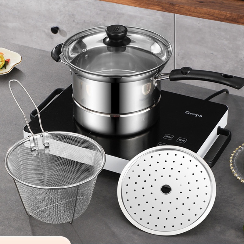 PANCI SERBAGUNA COOKING POT 3 IN 1 22 CM / DEEP FRYING / NOODLE POT / PANCI MULTIFUNGSI PANCI MIE / panci dengan saringan kukusan tutup kaca goreng kukus rebus tim presto ungkep daging ayam sapi kambing masak mie menggoreng kentang goreng sop sayur soto