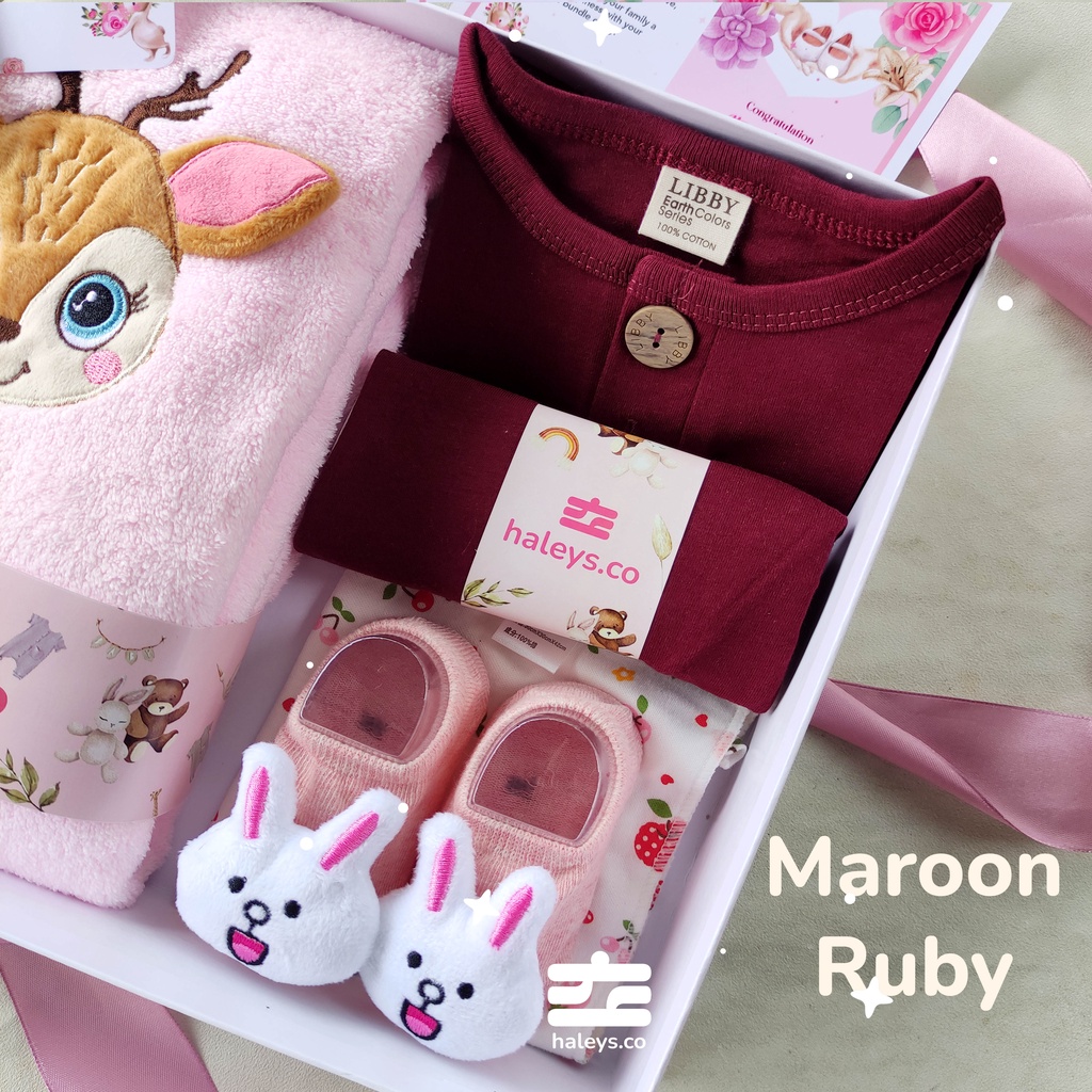 Haleys.co | Maroon Ruby Kado Bayi Perempuan 0 - 12 month | Baby Gift Set | Paket Kado Lahiran Cewe | Kado Lahiran | Hampers Baby Girl