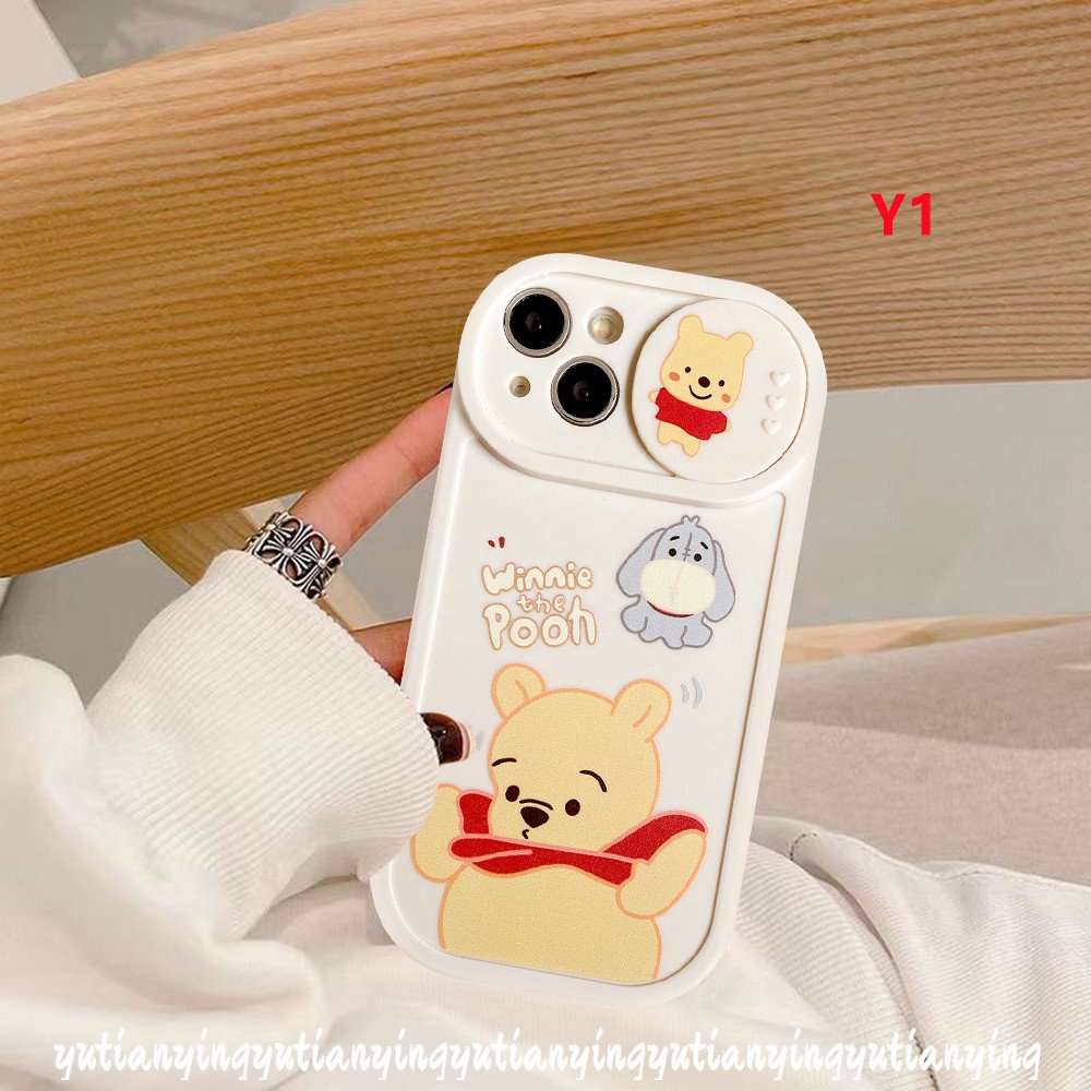 IPHONE Couple Case Kompatibel Untuk Iphone11 13 12 Pro MAX 7plus 7 8 Plus XR X XS MAX Kartun Manyo Strawberry Bear Winnie the Pooh Lembut TPU Silicon Pull Push Window Penutup Pelindung Kamera