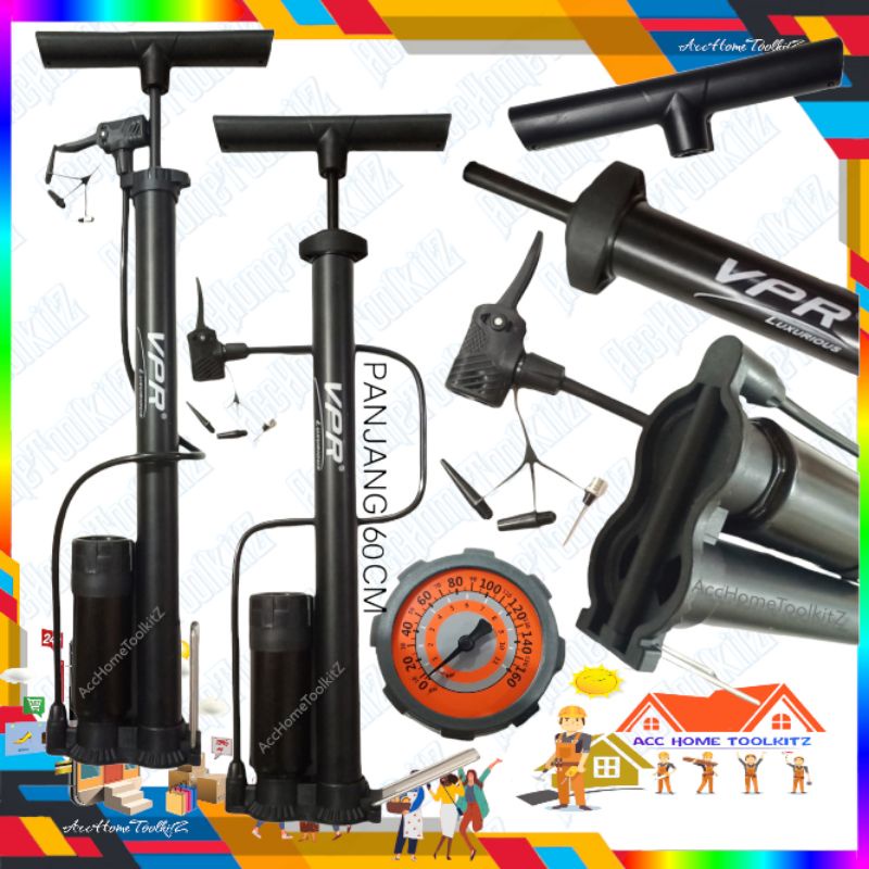 Pompa Angin Sepeda Motor Mobil Tabung Meter Black ASLI ORIGINAL 100% ORI / V P R / WARNA BIRU POMPA MANUAL