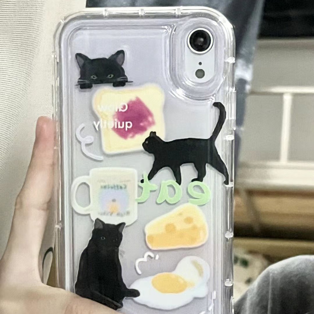 IPHONE Lembut Casing Ponsel Transparan Kompatibel Untuk Iphone14 13 11 12 Pro XS Max X XR 7 8 Plus Casing Kucing Hitam TPU Silikon Shockproof Cover