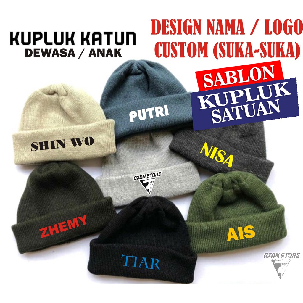 Topi Custom Kupluk Katun Beanie Nama Tulisan Gambar Logo Sablon Satuan Design Custom