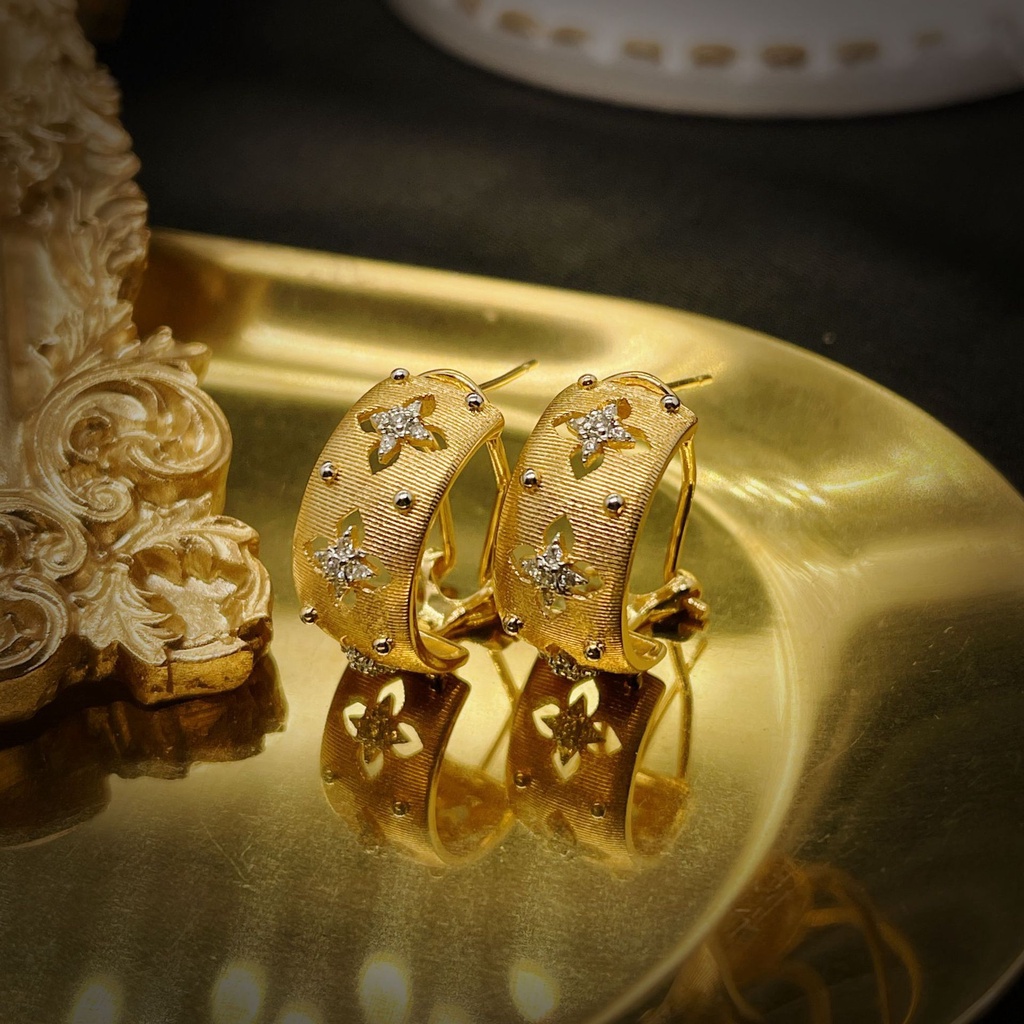 Goldkingdom Aksesoris Perhiasan Fashion Ready Stock Italia Digambar Tangan Istana Gaya Duawarna Kerajinan Emas Asli Kadar 375 Brati Cincin Berlapis Emas Asli Kadar 375 Anting Perancis