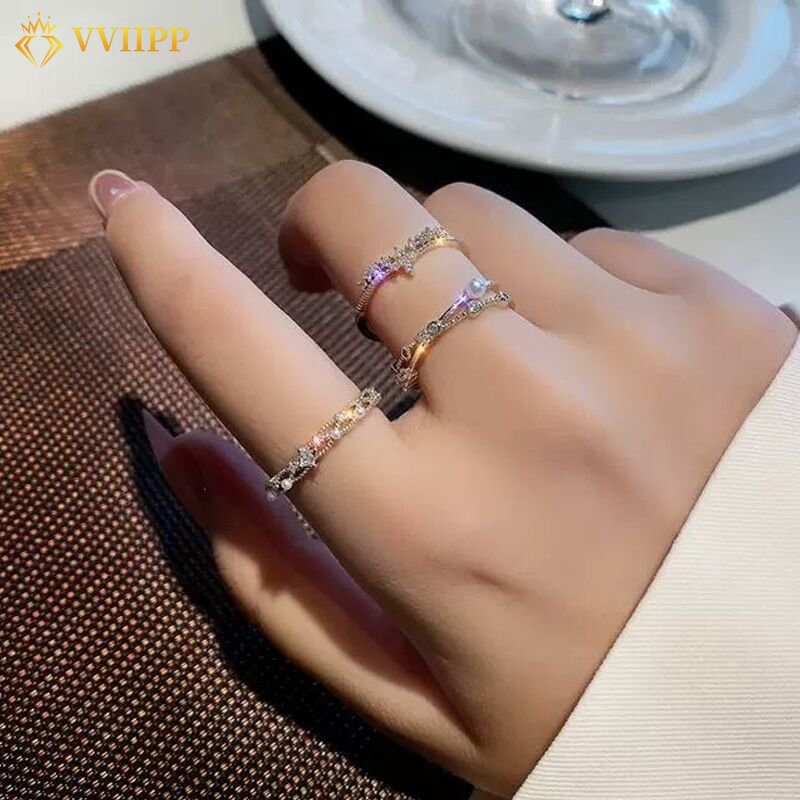 Cincin Salib Pembukaan Adjustable Cincin Emas Kristal Mutiara Mewah Untuk Aksesoris Perhiasan Wanita