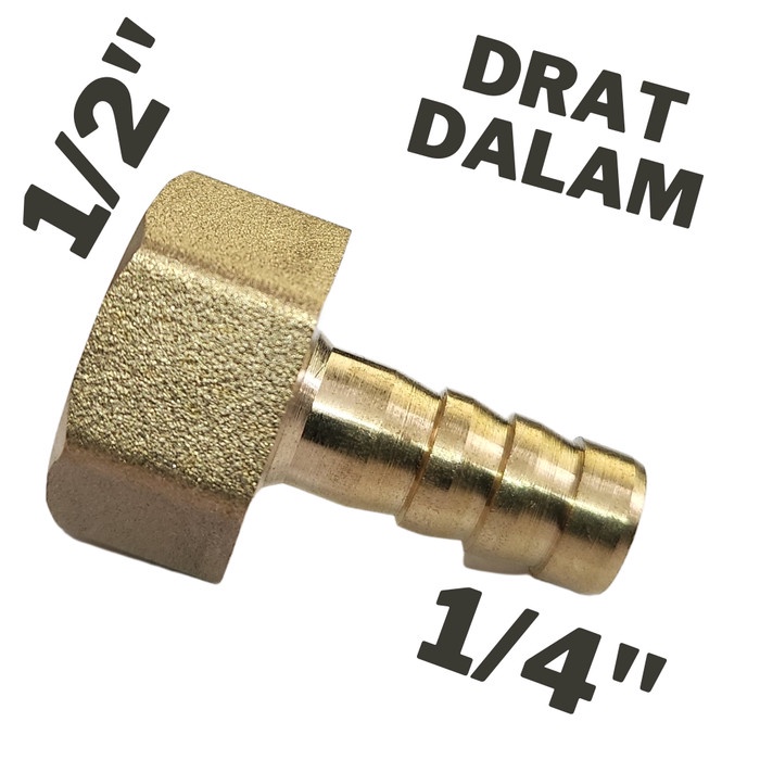 Nepel selang drat dalam kuningan 1/4&quot; x 1/2&quot; / sok selang kuningan