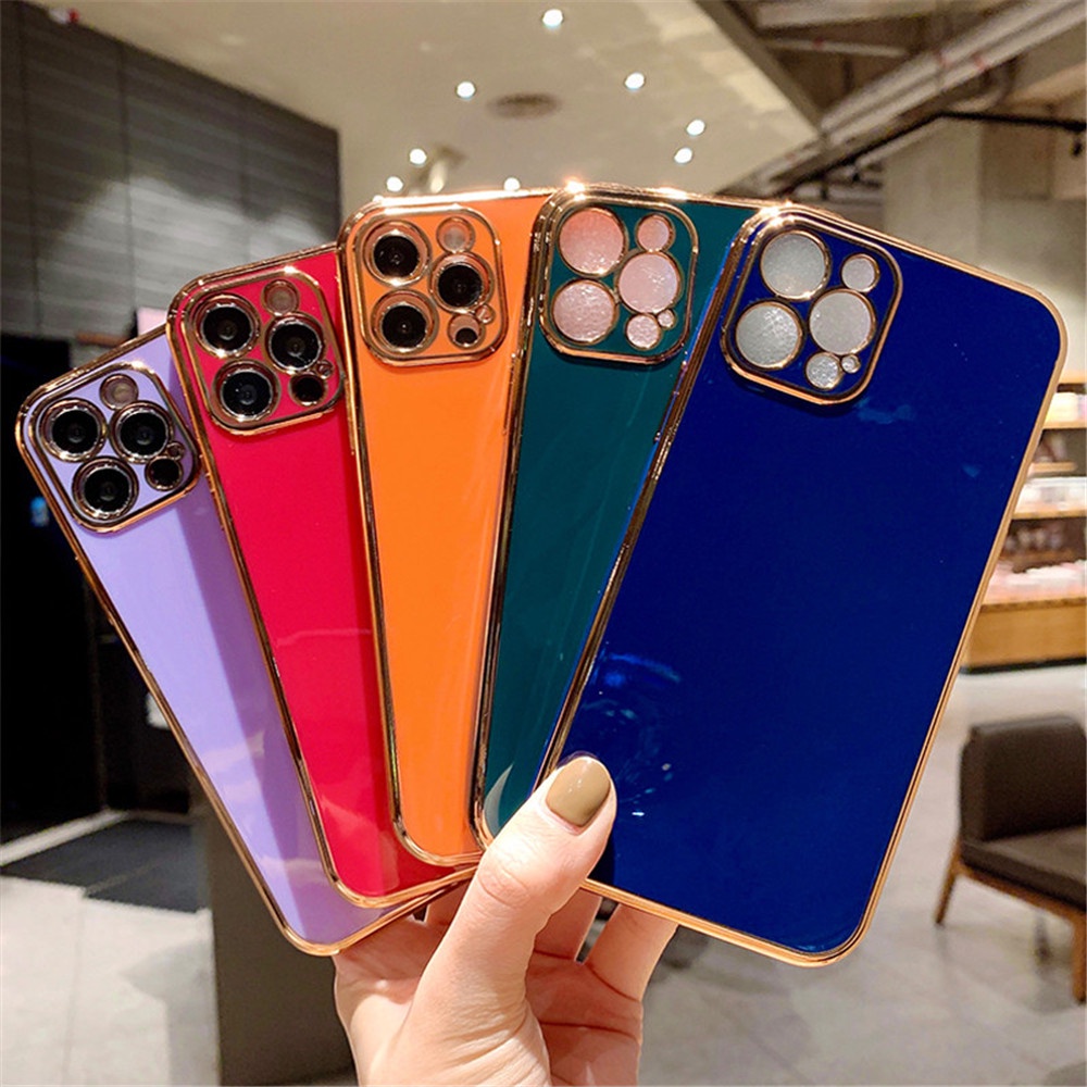 IPHONE Casing Electroplating Tepi Lurus Ultra-Tipis Modis Warna Solid Untuk Iphone14 13 12 11 Pro Max X XS Max XR 7 8 Plus Shockproof Penutup Belakang