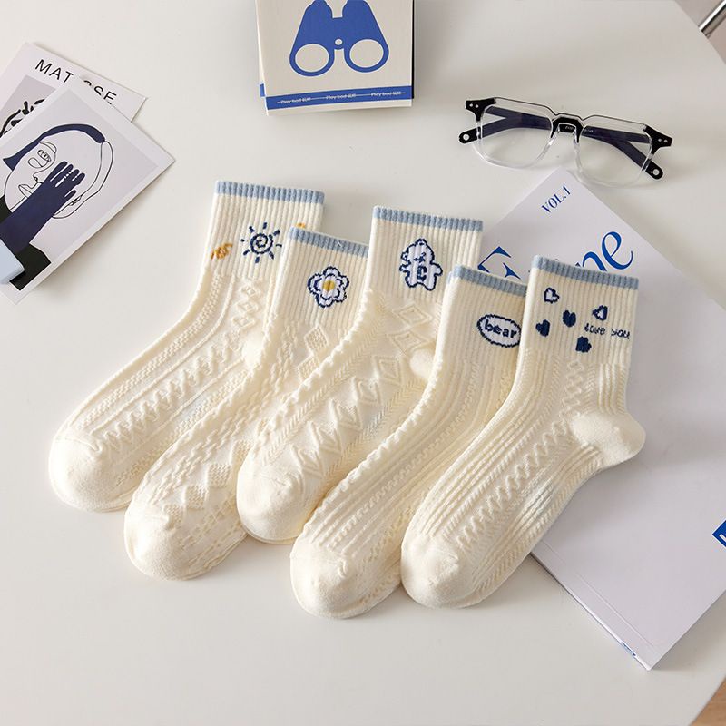 [littlecrab] Kaos Kaki Rajut Biru Base Putih Cream White Knit Blue Love Bear Sun Import Sock High Quality Korean Style