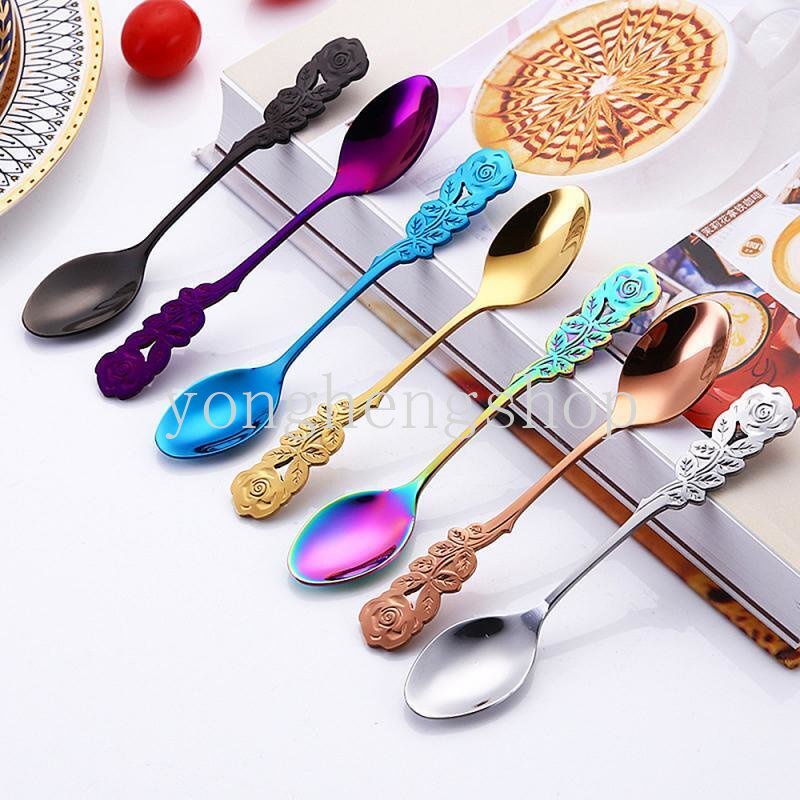 Kreatif Bentuk Bunga Mawar Handle Sendok Garpu Buah Stainless Steel Cutleries Kopi Teh Sendok Pengaduk Es Krim Sendok Dessert Spoon Tableware