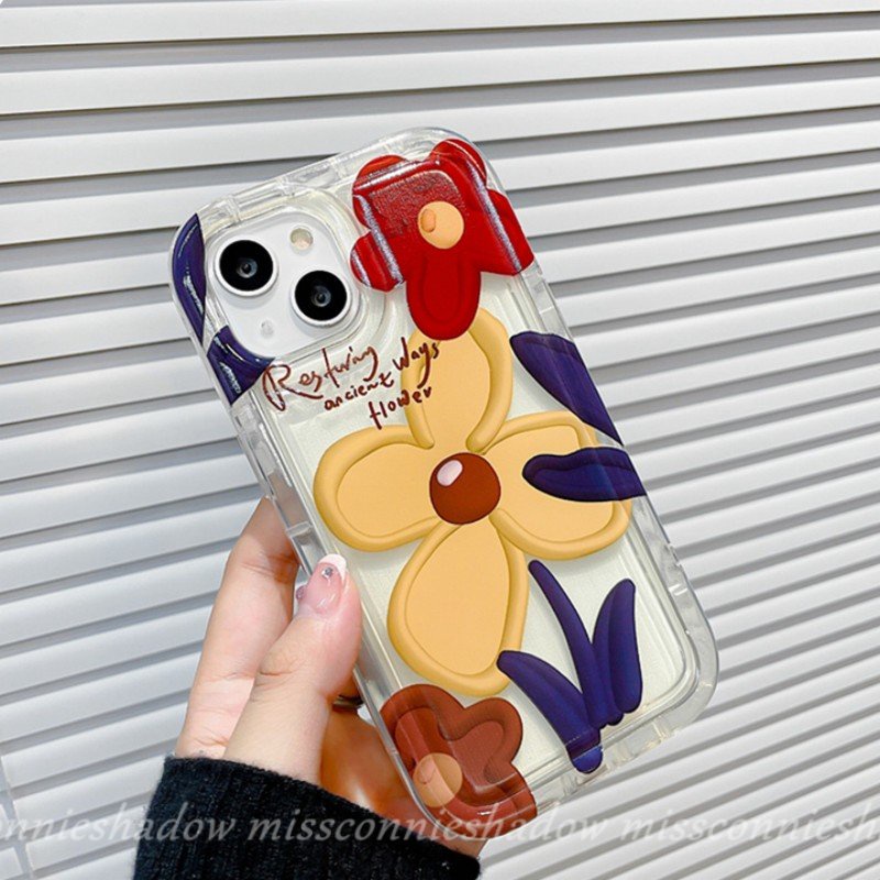 IPHONE Ins Korea Lukisan Minyak Fashion Bunga Segar Case Kompatibel Untuk Iphone11 13 12 14 Pro Max 7Plus 8Plus XR X6 6s 8 7 Plus XS Max SE 2020 Shockproof Airbag Lembut Tpu Phone Cover
