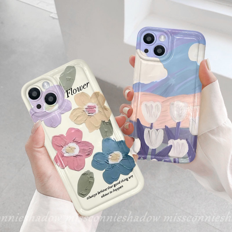 IPHONE Fashion Fresh Art Flower Tulips Lukisan Minyak Flowers Casing Ponsel Kompatibel Untuk Iphone11Xr 14 13 12 Pro MAX 6 6S 7 8 Plus X XS MAX Lembut TPU Shockproof Airbag Bening Penutup Belakang