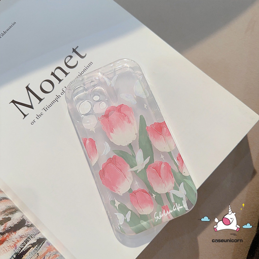 IPHONE Kompatibel Untuk Iphone14 Pro Max11 13 12 Pro MAX XR 6 6S 7 8 Plus X XS MAX Fashion Segar Musim Semi Bunga Tulip Kupu-Kupu Shockproof Lembut TPU Airbag Phone Case