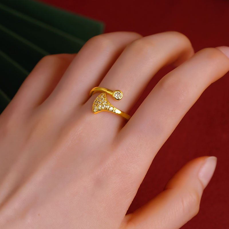 Goldkingdom Fashion Perhiasan 24 K Bangkok Aksesoris Ready Stock Ginkgo Daun Indah Cincin Mahkota Micro Berlian-Ukir Hadiah Untuk Wanita